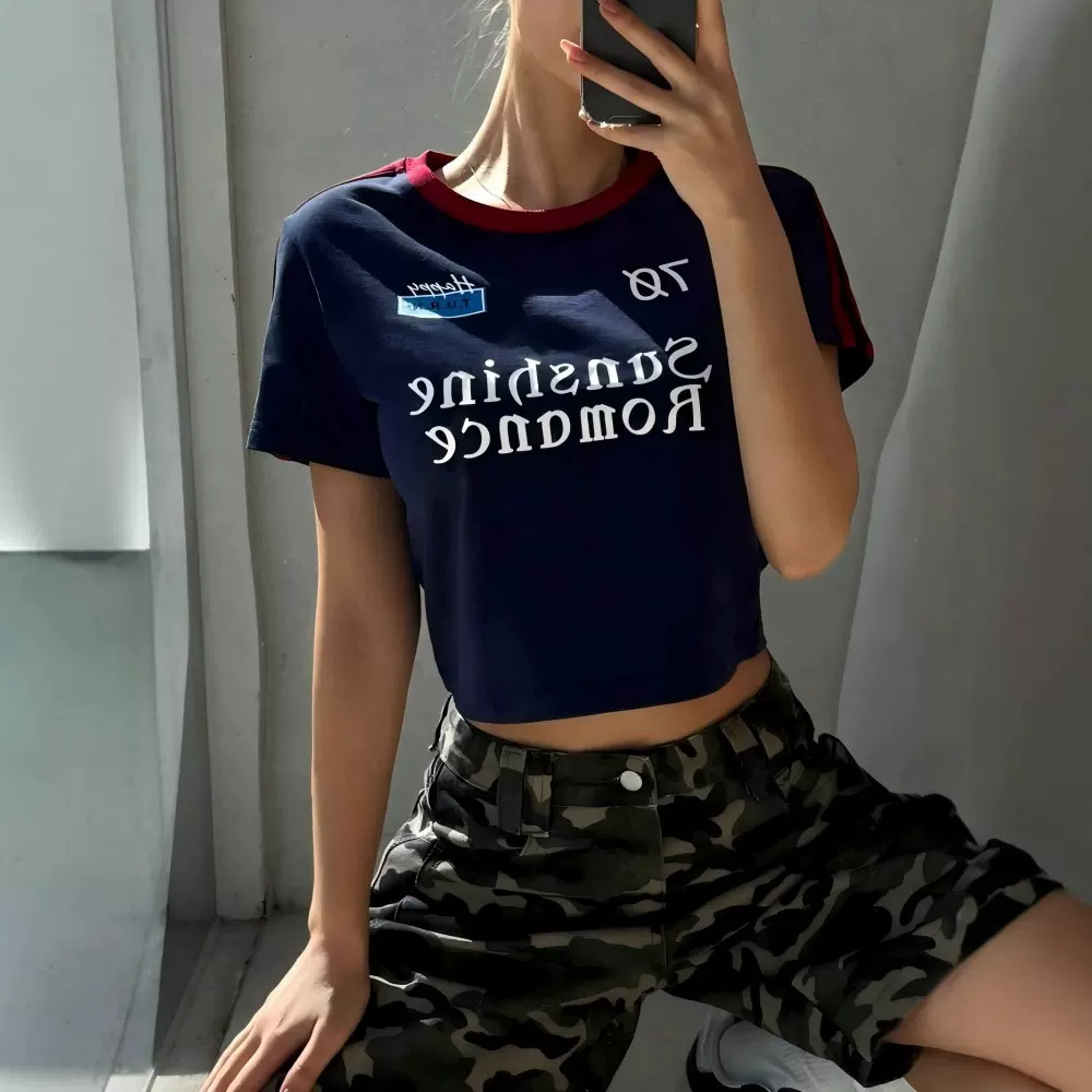 欧美temu希音爆款2025夏季女装t恤夏季圆领字母印花辣妹上衣女
