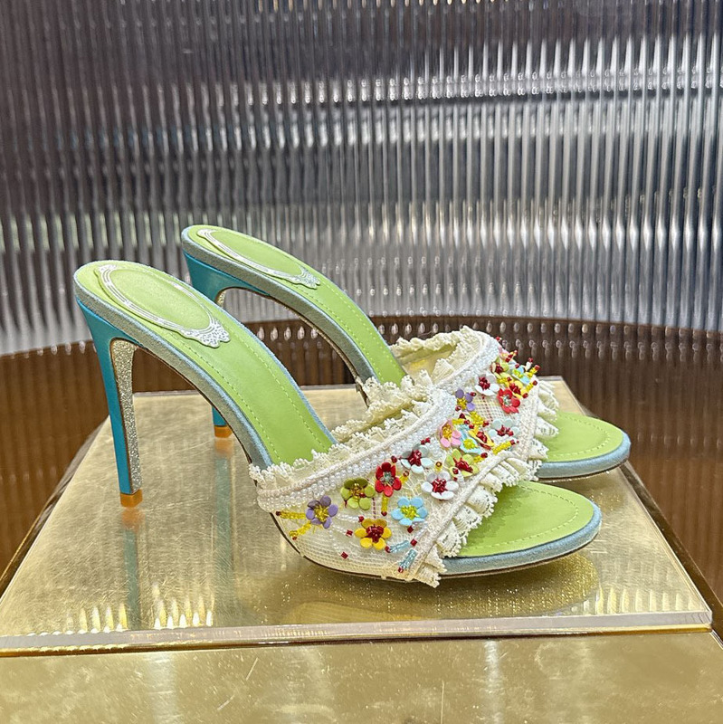 Rc Colorful Daisy 9.5cm High Heel Sandals Export Large Size Tassel Slippers for Women 2025 Summer New Style
