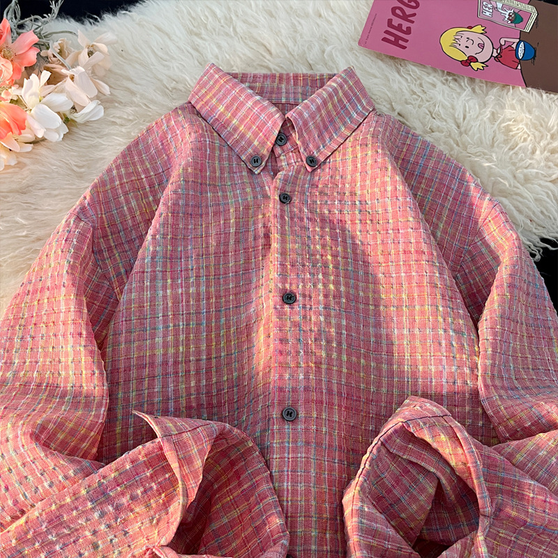 Bubble Gauze Plaid Long Sleeve Men's Spring And Autumn Trendy American Retro Shirt Fashionable Versatile Turn-down_voghion.com