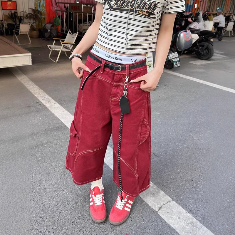 American Retro Style Curved Hem Cargo Jeans for Women, High-Waisted Slimming Red Cropped Pants Trendy Streetwear