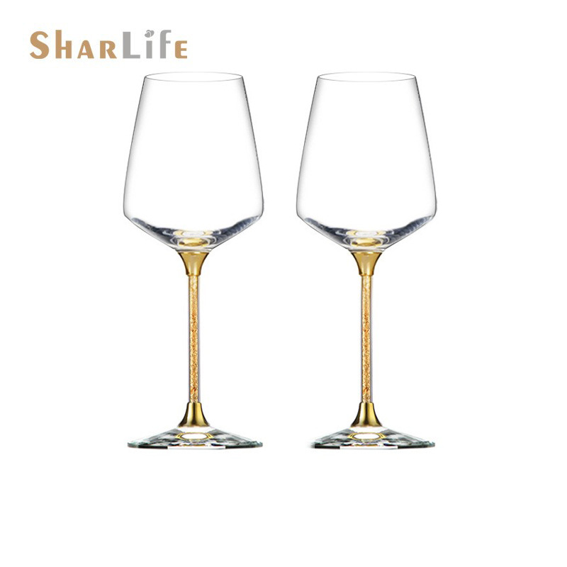 SharLife水晶玻璃红葡萄酒杯金箔轻奢红酒杯高脚杯两支礼盒装高档