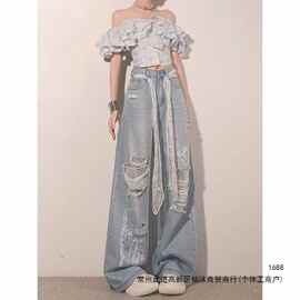 辣妹复古牛仔裤女夏季新款设计感蕾丝宽松显瘦高腰垂感阔腿拖地裤