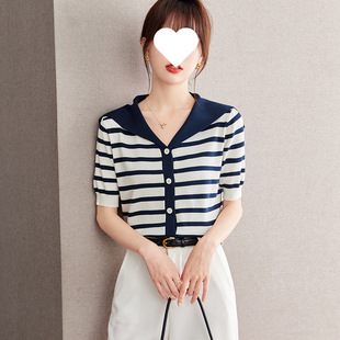 Q1E Striped Ice Silk Knitted Cardigan Women's Summer 2024 Navy Collar Contrast Color Thin Style Chic