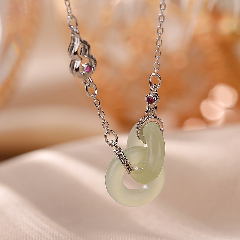 Mặt dây chuyền hồ lô bạc S925 mạ vàng đính ngọc bích xanh — Ngọc trắng mạ vàng (bao gồm chuỗi)