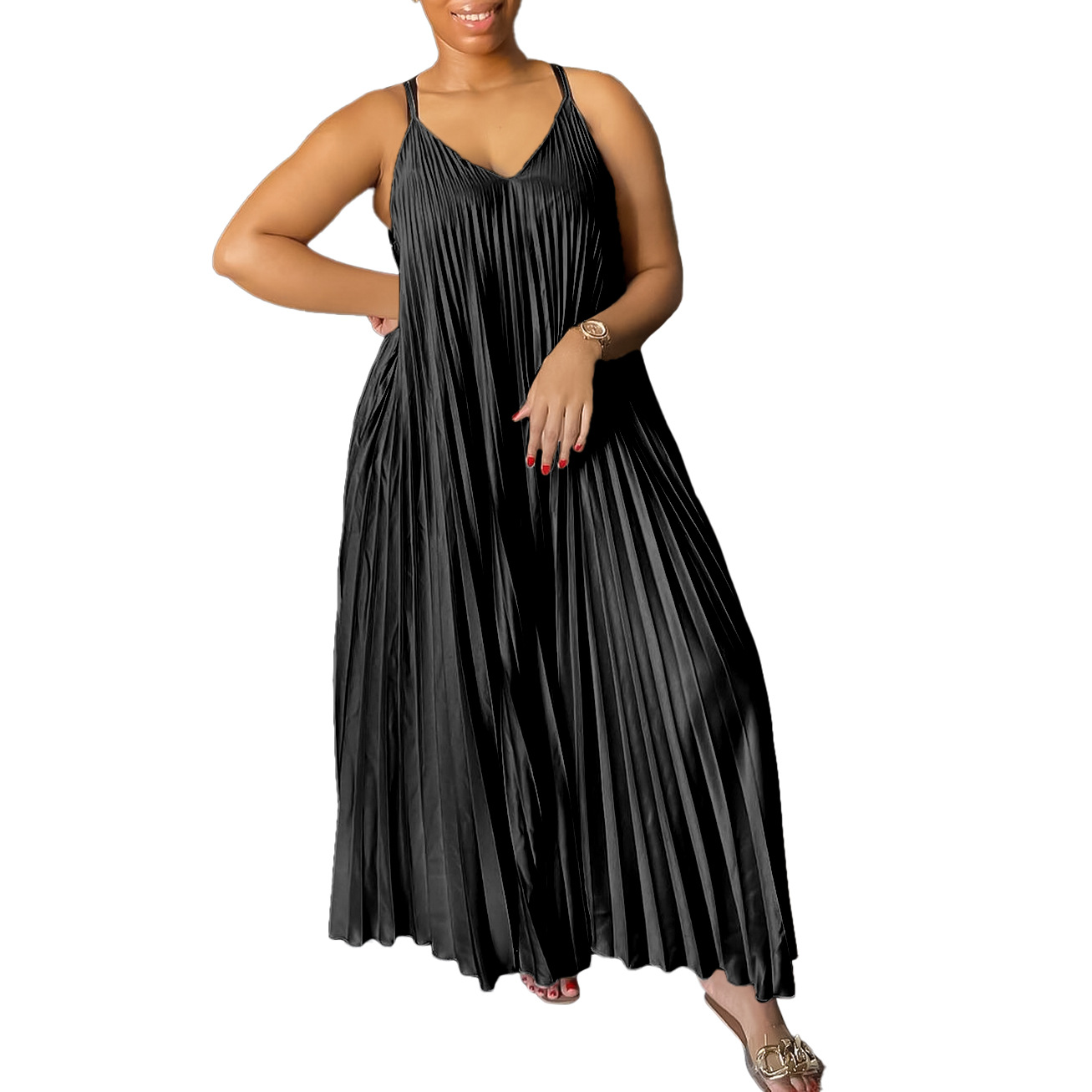 Women's Strap Dress Sexy V Neck Pleated Sleeveless Solid Color Maxi Long Dress Holiday Daily display picture 62