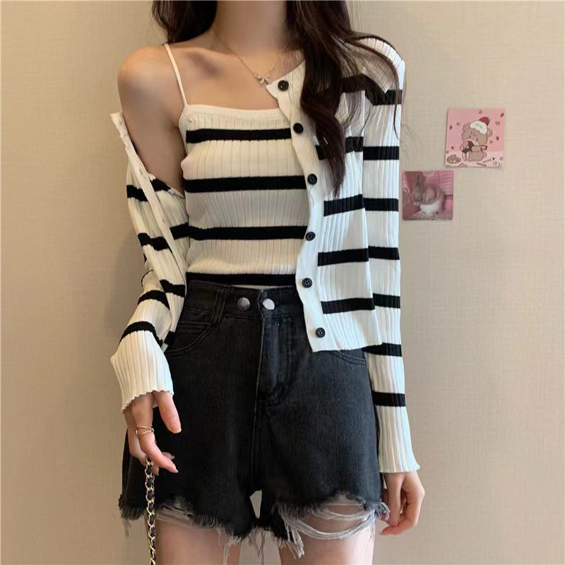 81g Weight Long Sleeve Sleeve Length Single Breasted Placket Type Ice Silk, Polyester Fabric Type Short Top Length Knitwear Tops Type Daily Occasion Round Neck Neckline Slim Fit Type Stripe Pattern Spring, Autumn Season Women's Gender Casual Style Wholesale Women's Ice Silk Polyester Casual Stripe Long Sleeve Sweaters & Cardigans 31