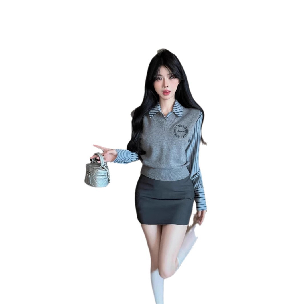 이른 가을 새로운 니트 조끼 스웨터 조끼 투피스 세트 대학 스트라이프 셔츠 스택 패션 슬림