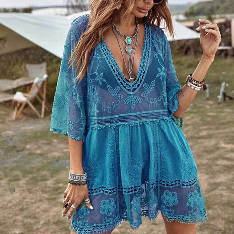 2023 camisa de protección solar transfronteriza de verano para mujer sexy encaje suelto playa vacaciones falda bikini blusa (7 colores)