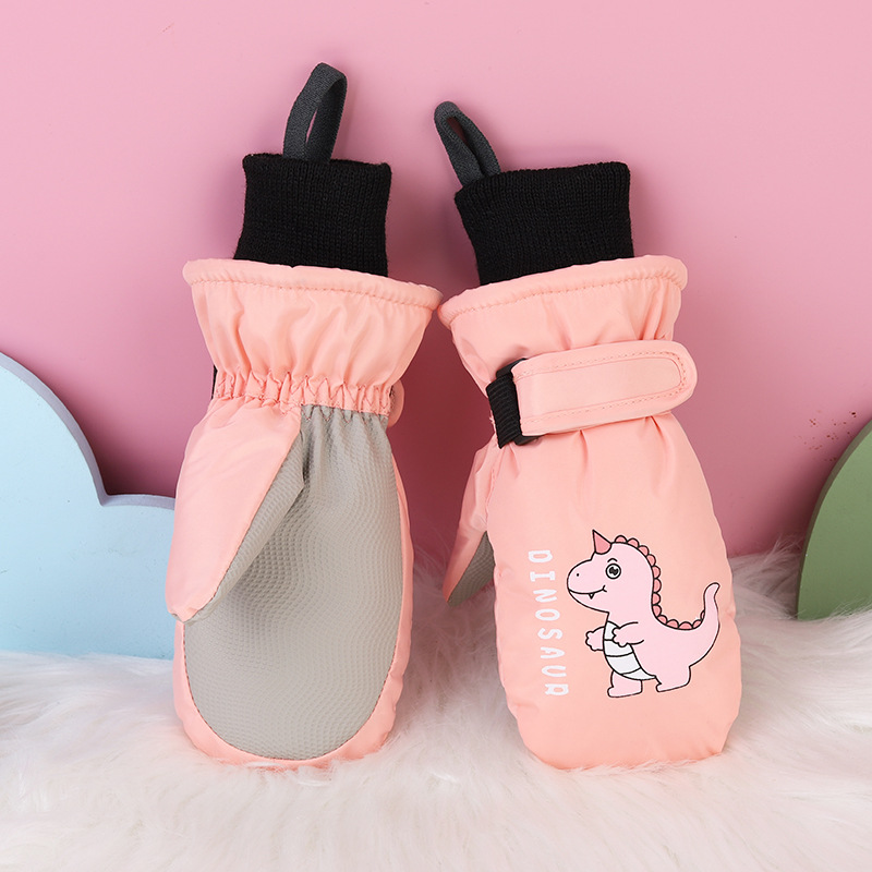 Invierno niños juegan nieve impermeable, calentamiento y espessado y dedos para esquiar dibujos animados dinosaurios guantes antideslizantes lindos