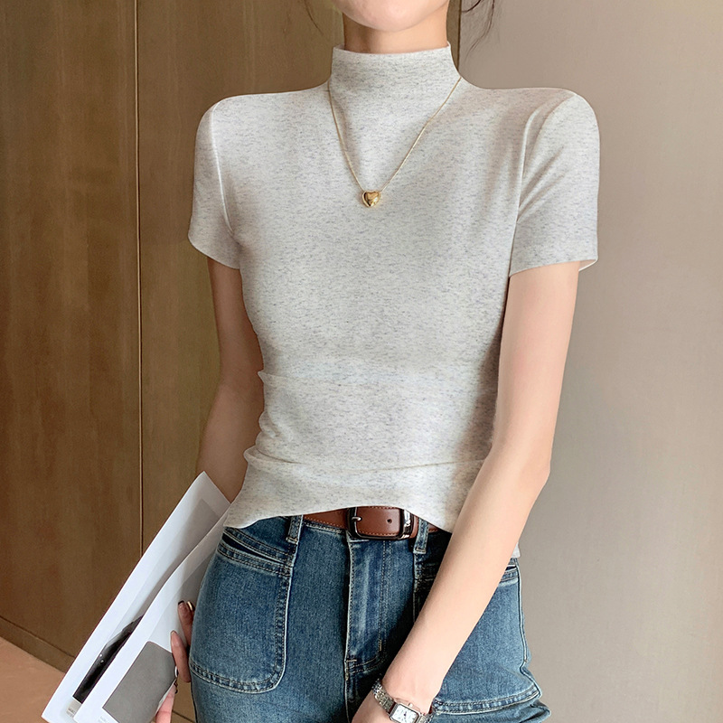 女性用ハーフタートルネック半袖ボトムシャツ、春夏秋の薄手の純綿Tシャツ、スリムフィットシャツ、気質半袖トップス|undefined