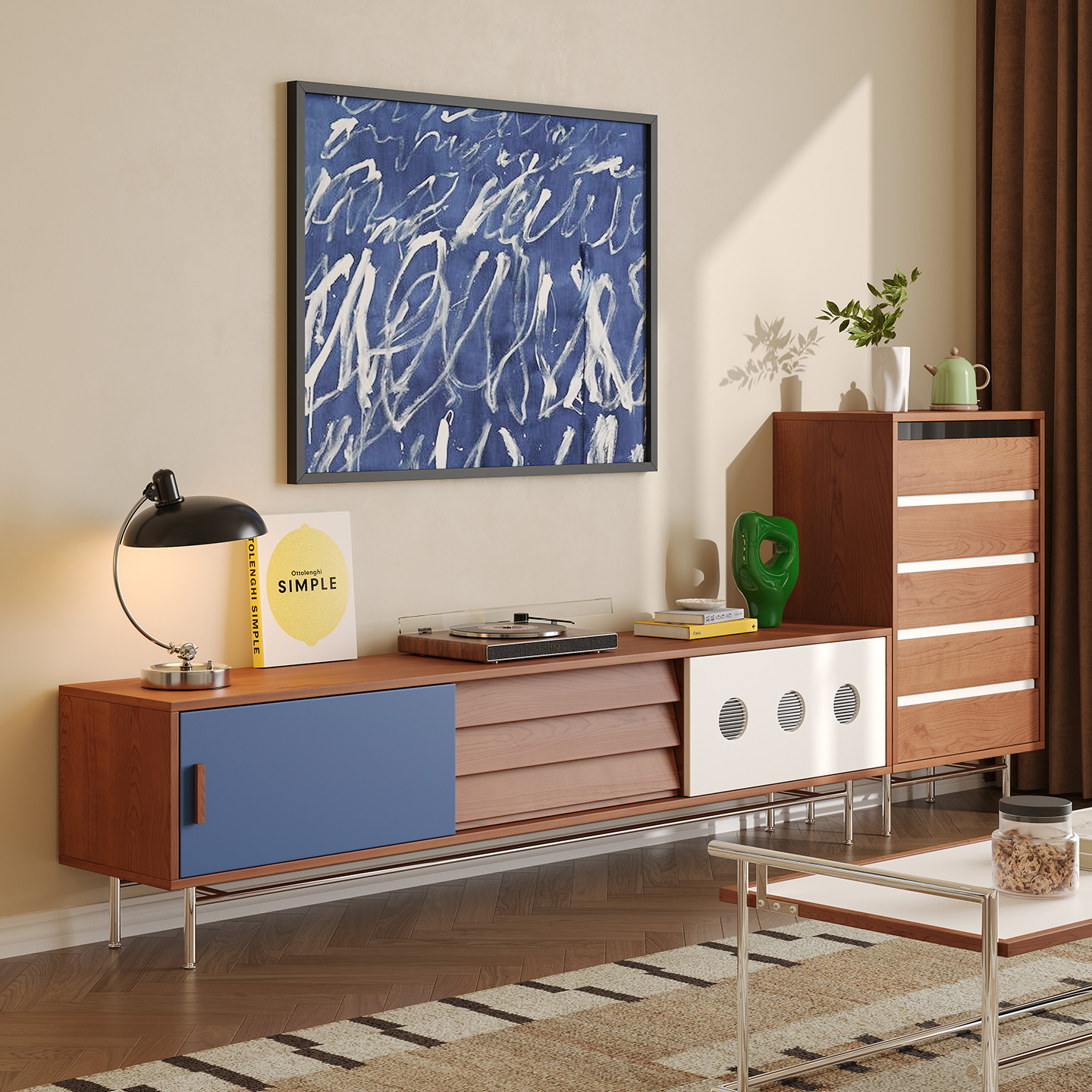 Bauhaus Tv Cabinet Living Room Household Small Apartment Storage Cabinet Solid Wood Tv Cabinet Simple Color Matching Storage Cabinet