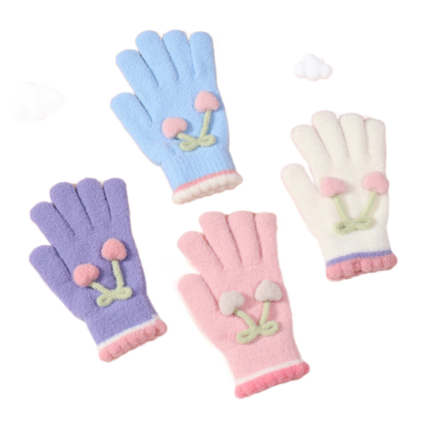 Heart-Shaped Cherry Full-Finger Adult Gloves for Girls, Sweet and Cute Plush Gloves, Thickened for Warmth, Frost-Resistant, Fresh and Versatile