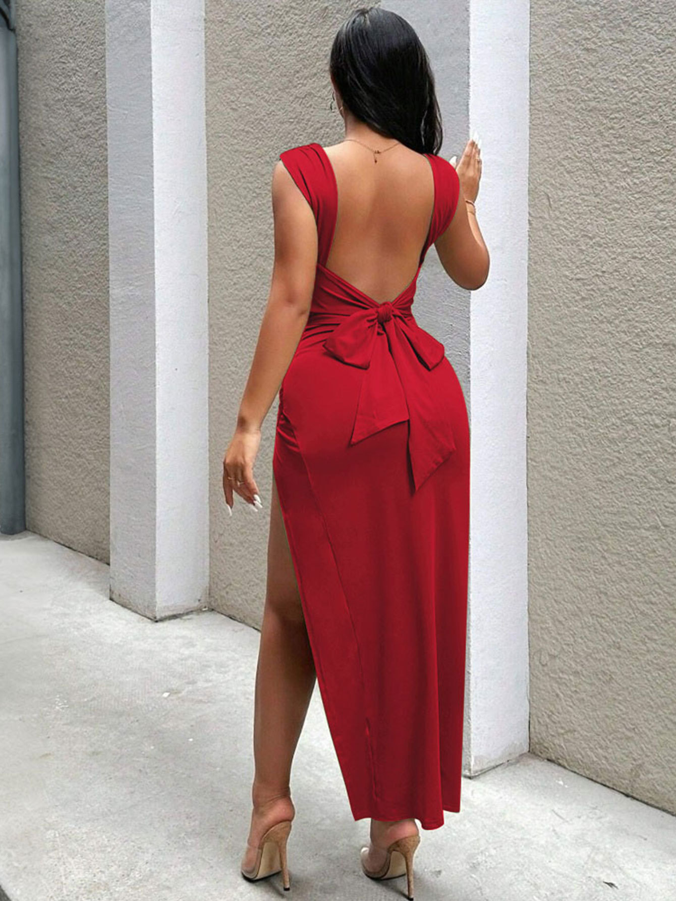 Women Clothing Elegant Sexy Bright Red Dress Spring Summer Backless Hip Wrapped Mid Length Dress