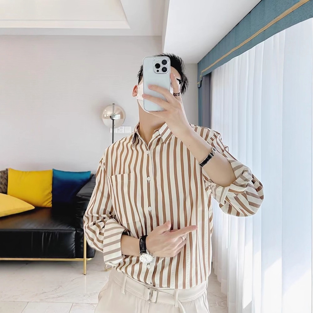 Spring and Autumn Men's Business Casual Vertical Striped Long-Sleeve Shirt Men's Trendy Light Luxury Slim Shirt Jacket Men's Fashion