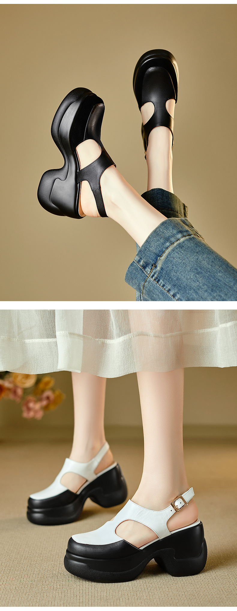 Sandal nữ da bò cao gót đế xuồng phong cách La Mã hở mũi — màu đen, màu trắng chi tiết 8
