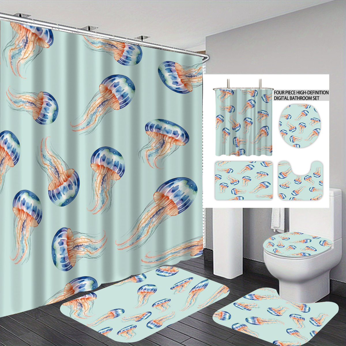 Temu cortina de baño impermeable personalizada serie de elementos marinos 3D impresión poliéster cortina de baño de cuatro piezas fábrica image 29