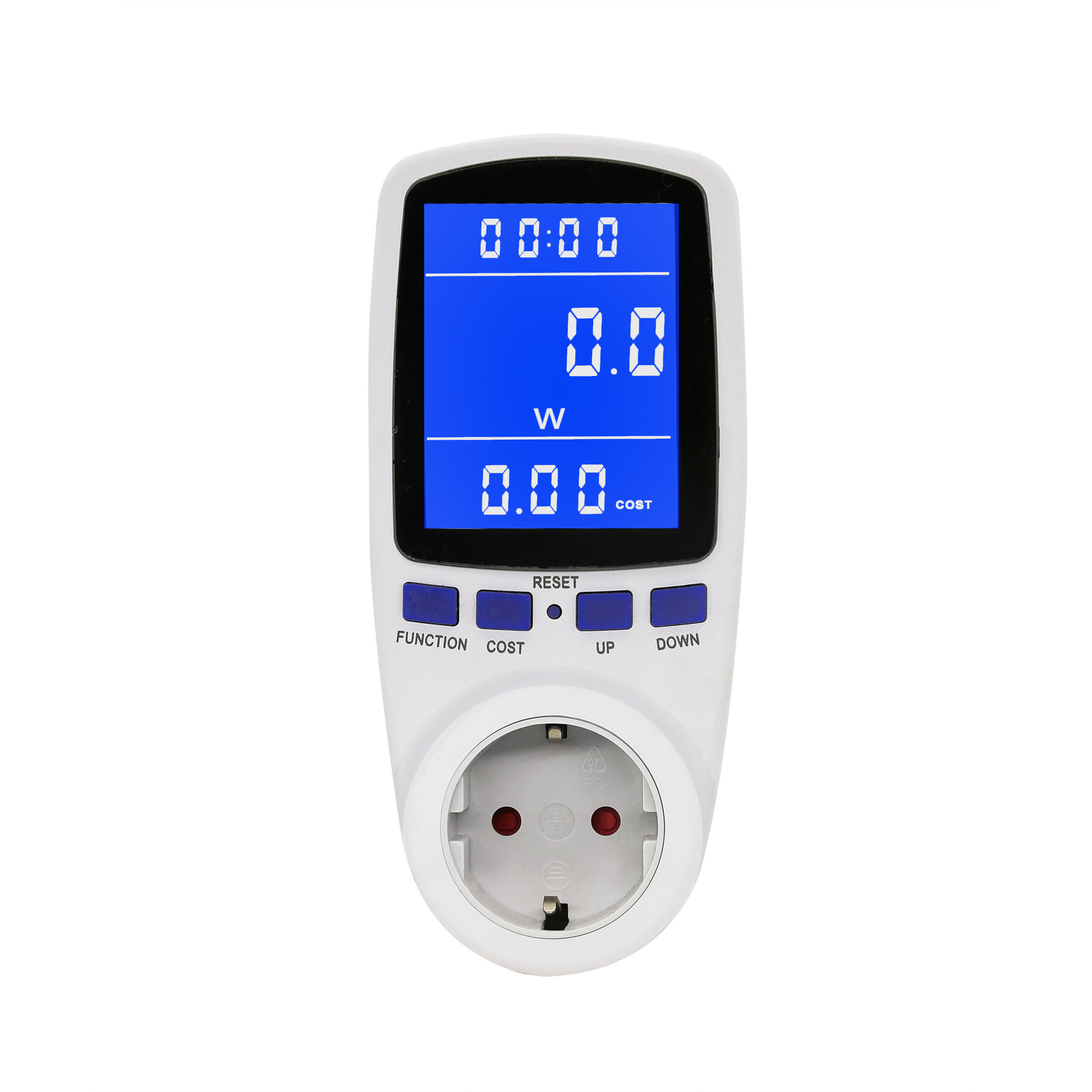 背蓝光白字大屏幕德式欧规功率计量插座  电力监测仪智能计费器