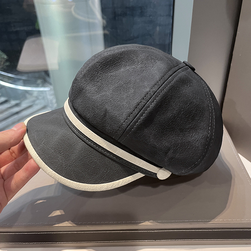 2024 nuevo sombrero octogonal de cuero PU mujeres otoño invierno color coincidente sombrero de lengua de pato hombre calle casual cara gorra de periódico pequeño