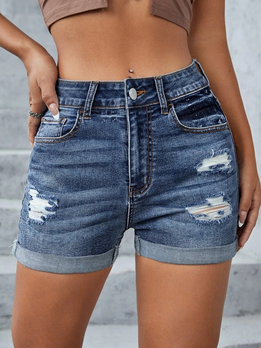 Femmes Rue Sexy Vêtement De Rue Couleur Unie Shorts Déchiré Jeans display picture 1