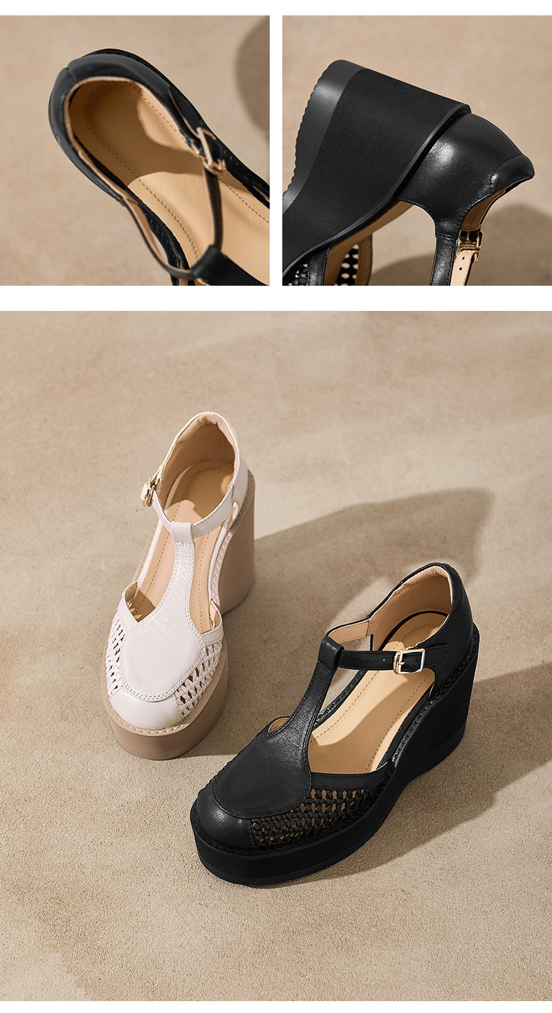Sandal cao gót nữ quai ngang khóa T, đế dày platform, gót 9.5 cm — đen chi tiết 9