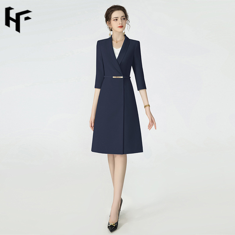 High-end women's business wear navy blue summer dress skirt formal occasions jewelry shop beauty slim host