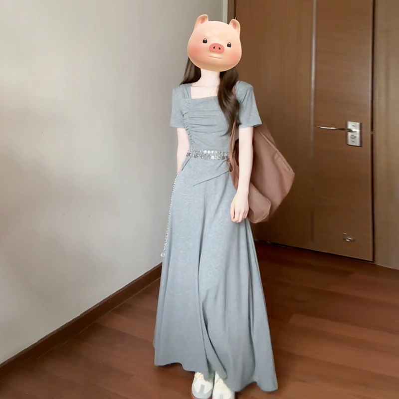 2025新款小个子慵懒风灰色连衣裙子女夏季法式高级感穿搭长裙套装|undefined