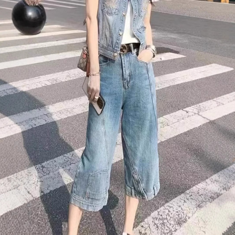 plus size 2025 Summer Thin High Waist Loose Straight Jeans Women's chubby girl Covering Meat Slim Wide Leg Cropped Pants