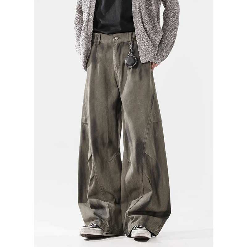 Trendy Designer-Style Pleated Distressed Workwear Jeans for Men, Street-Style American Niche Loose-Fitting Vintage Versatile Long Pants