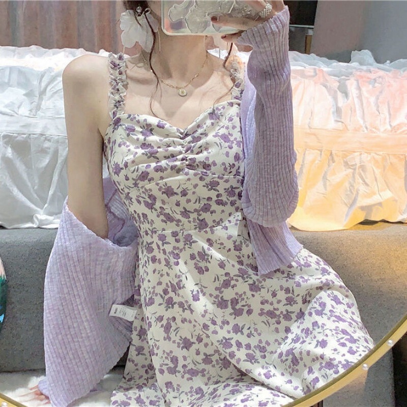Floral Skirt Suspender Dress Set for Women, Summer Student Sweet and Spicy Style Short Skirt, Sun Protection Cardigan, Direct Sale from Manufacturer