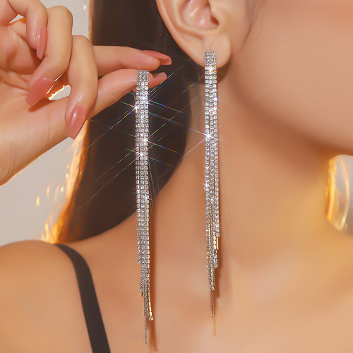 Korean Dongdaemun nightclub style full of diamonds luxury tassel rhinestone chain earrings sparkling temperament celebrity earrings wholesale