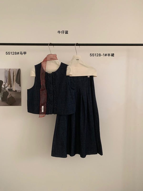 THINK十三行韩系木耳边牛仔套装女2025秋季新款马甲半身裙两件套|undefined