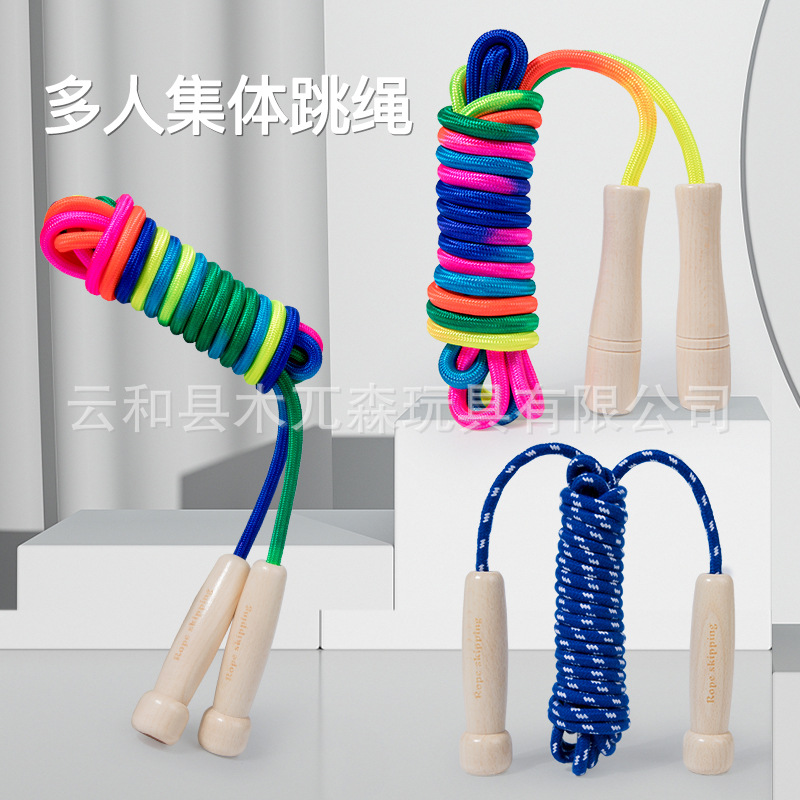 Wooden handle rope skipping long rope for students group rope skipping 5 m/7 m Rainbow rope group rope skipping wholesale