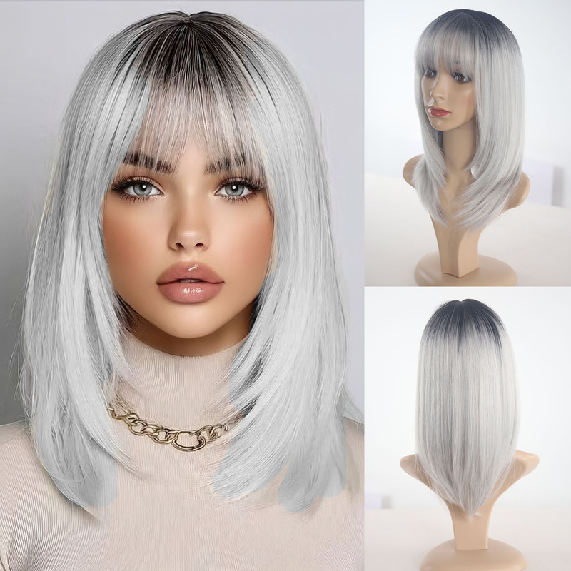 European and American Amazon Gradient Gray Medium-Length Straight Hair with Bangs High-Temperature Silk Ladies High-Level Wig Manufacturer Ready Stock European and American Amazon Gradient Gray Medium-Length Straight Hair with Bangs High-Temperature Silk Ladies High-Level Wig Manufacturer Ready Stock