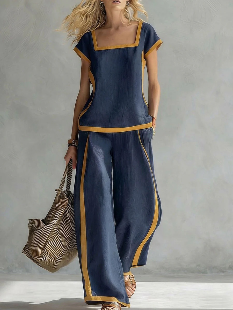 Women's Clothing Women's Cotton Linen Set Square Neck Short Sleeve Top High Waist Casual Loose Trousers Style_ecoleips.com