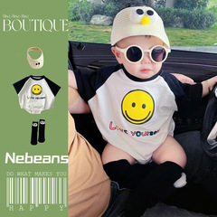 3-6-9-12男女寶洋氣三角包屁衣 潮款嬰幼兒衣服 黑色袖子笑臉哈衣