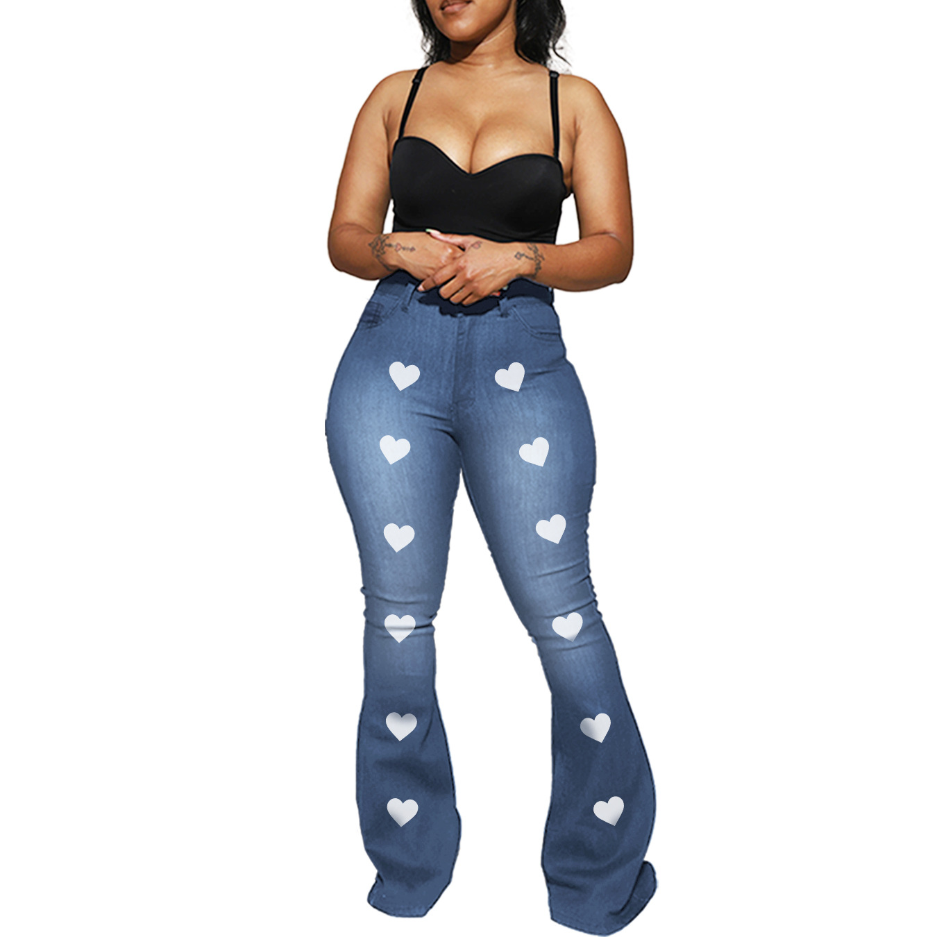 Plus Size High Waist Printed Slim Flared Jeans NSWL116079