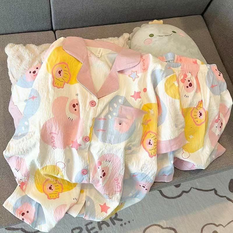 Comercio exterior de Vietnam verano nuevo estilo nube rebeca de algodón solapa dulce pijama de dibujos animados pantalones cortos de manga corta traje de servicio a domicilio para mujer