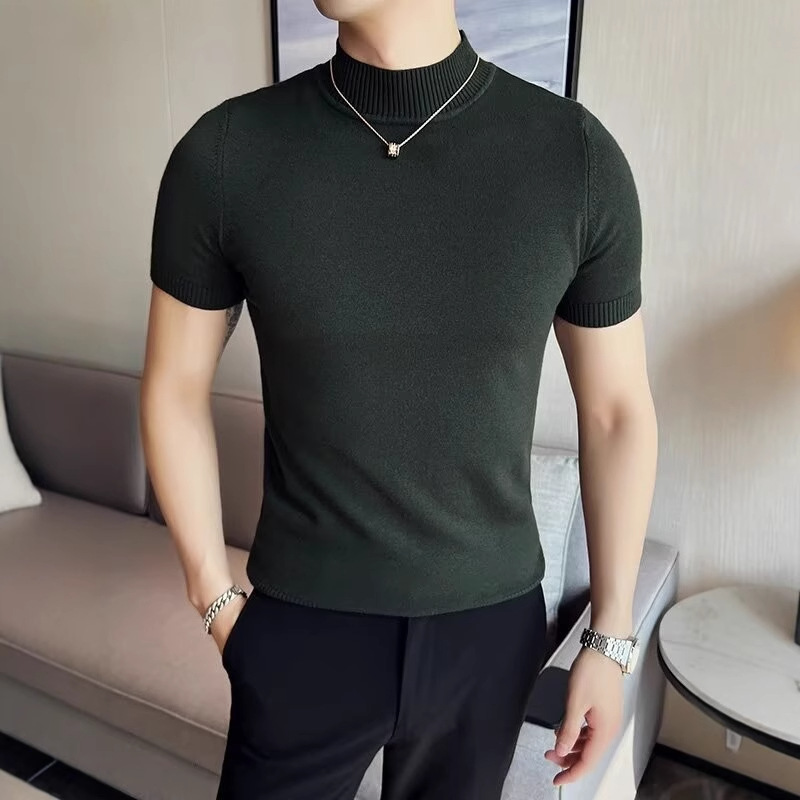 2024 년 대외 무역 라이닝 반소매 솔리드 컬러 슬림 핏 반높이 넥 반팔 니트 스웨터 T베이스 셔츠 남성용 심플 여름 B