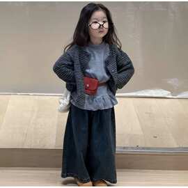 【现货】韩版童装2025秋季新款女宝宝条纹开衫花边衬衫牛仔阔腿裤