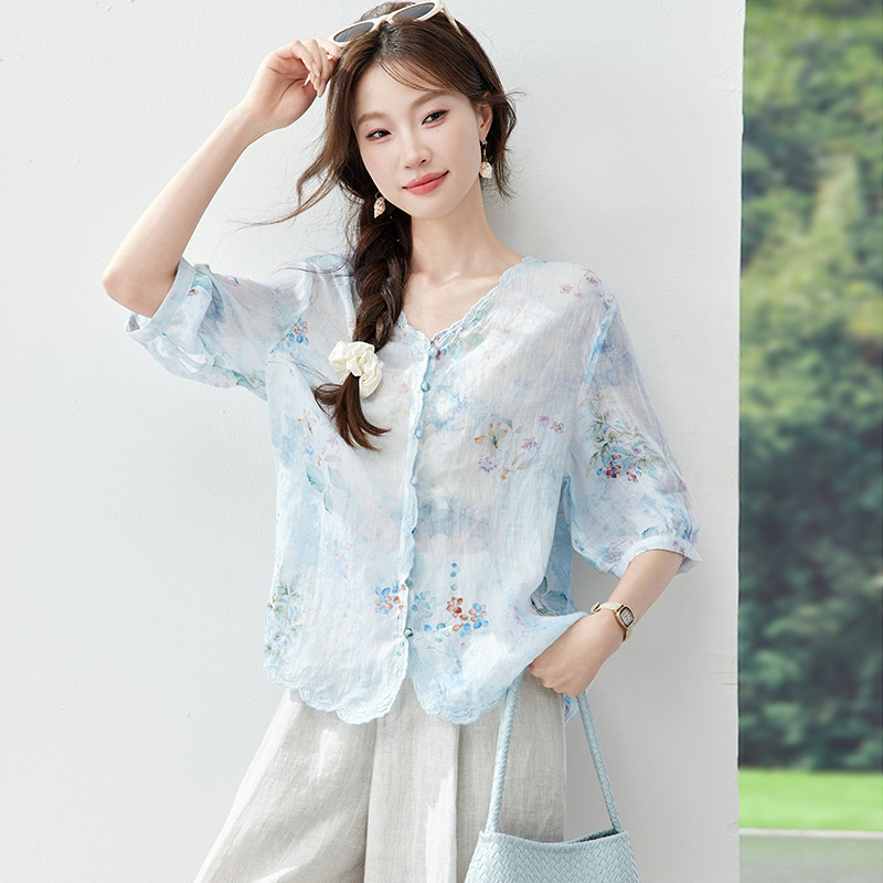Women's Ramie Shirt with Elegant Embroidery, Slimming Top, Thin Artistic Loose Lace V-Neck Cardigan, Summer Blouse Women's Ramie Shirt with Elegant Embroidery, Slimming Top, Thin Artistic Loose Lace V-Neck Cardigan, Summer Blouse