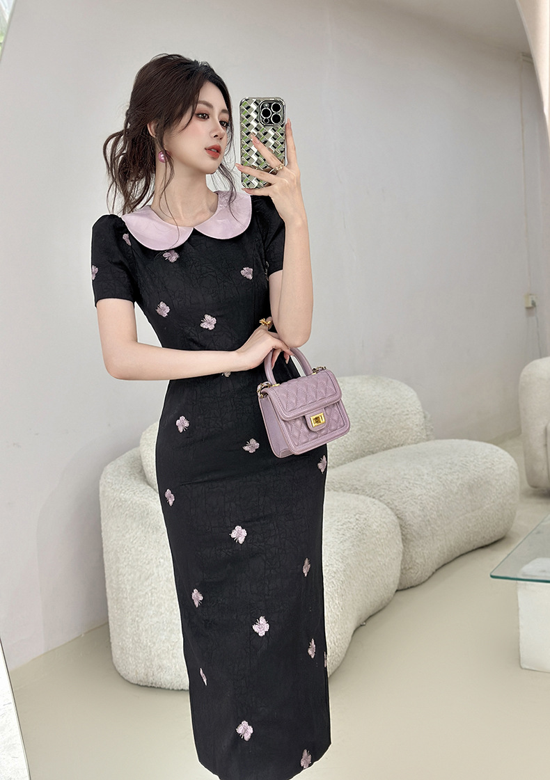 Váy ôm body nữ kiểu Pháp cổ điển mặt búp bê thêu hoa — màu đen chi tiết 9