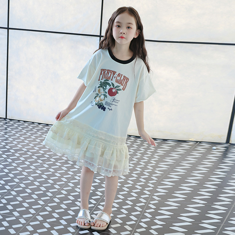 Children's Clothing Girls T-Shirt Skirt Summer Dress Korean Style Fashionable Mid-Length Kidsren's Sweet and Cute Lace Splicing T-Skirt Children's Clothing Girls T-Shirt Skirt Summer Dress Korean Style Fashionable Mid-Length Kidsren's Sweet and Cute Lace Splicing T-Skirt