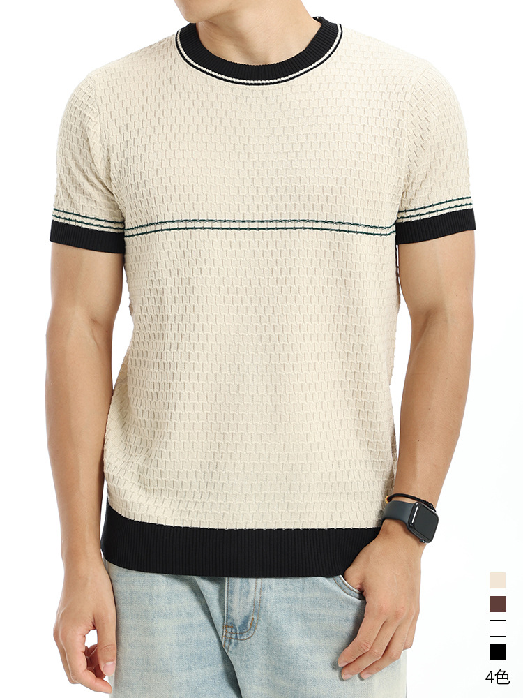 Transfronterizos europeos y americanos de cuello redondo de punto de hielo camiseta de manga corta para hombres de verano delgado color contrastante lujoso ligero de alta calidad ropa de hombre