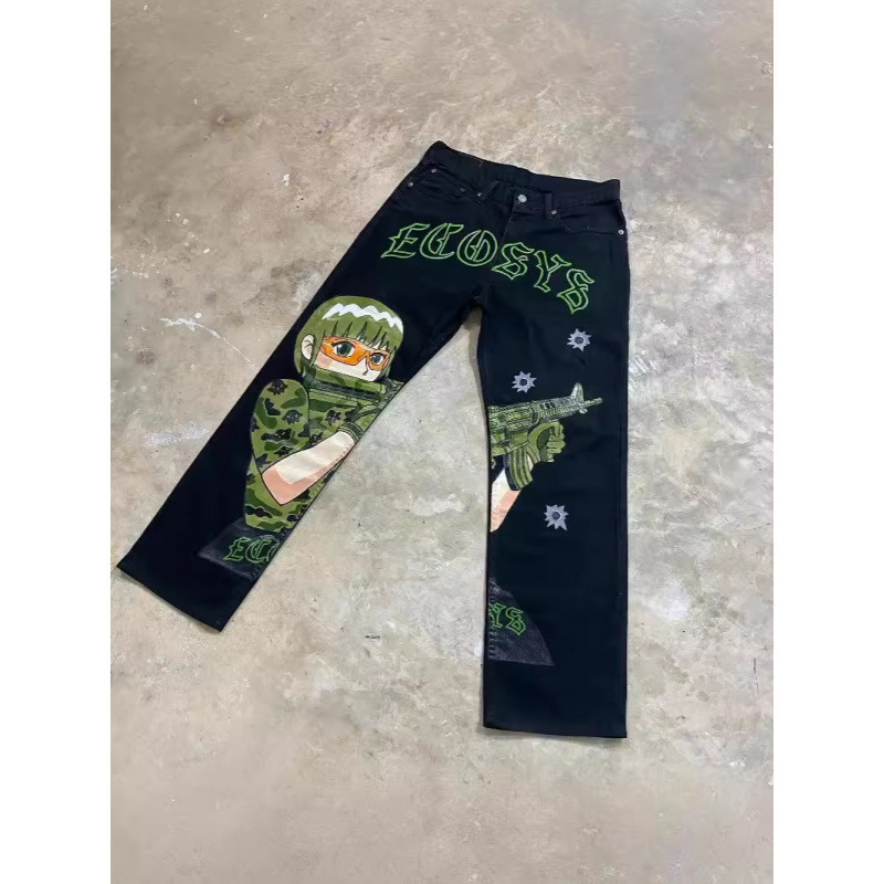 Hip-Hop Animated Graphic Loose Jeans Gun Girl Print Jeans Harajuku Denim Y2K Pants Men