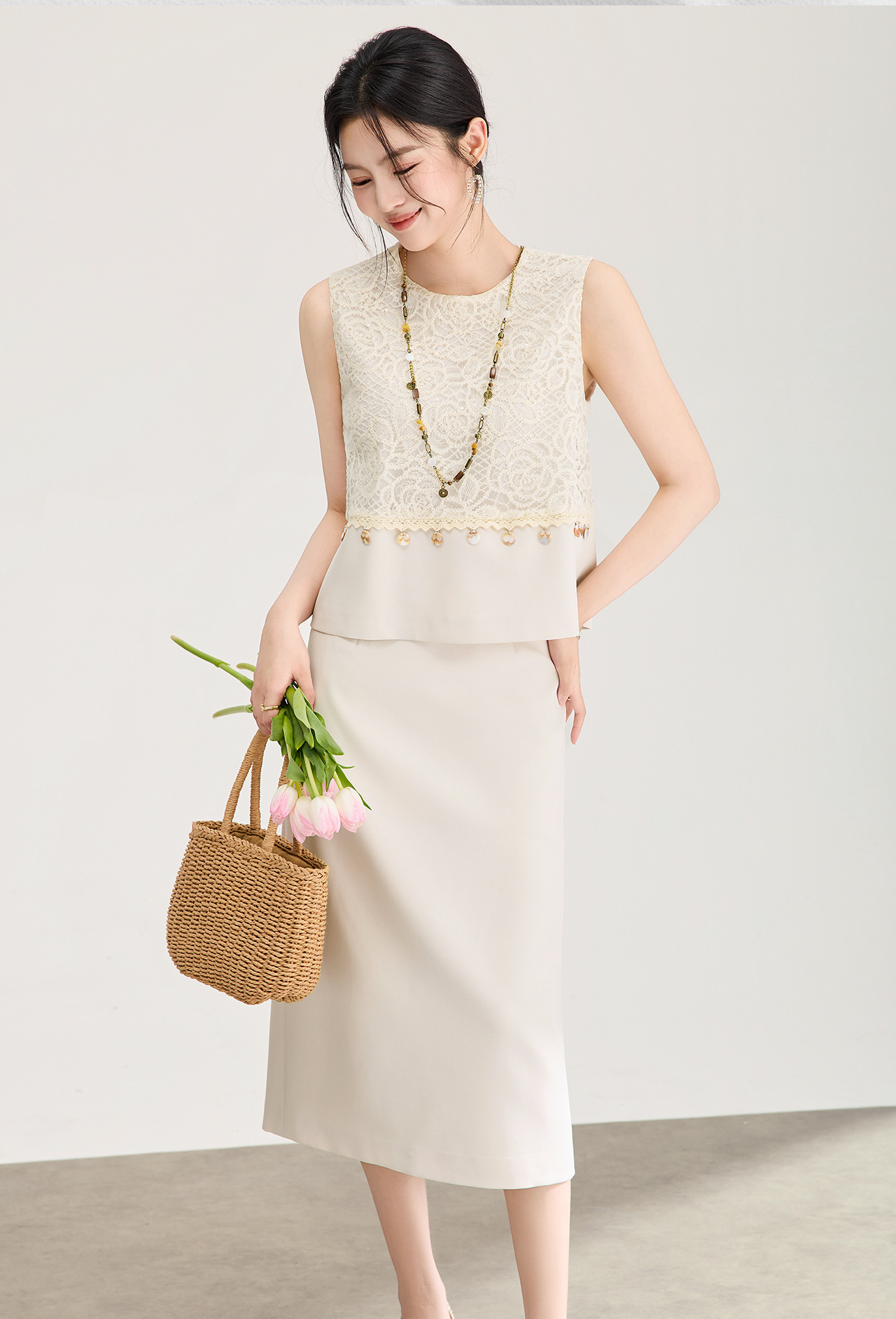 Set áo vest không tay ren thêu + chân váy midi nữ tính mùa hè — màu mơ chi tiết 2