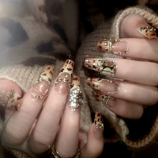 Autumn and Winter Leopard Wear Armor Finished Spice Girls Advanced Flash Nail Art False Nail Patch Long Nail Pieces U62