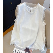 黄色流苏边亚麻无袖衬衫女夏季2025新款宽松洋气棉麻背心上衣小衫