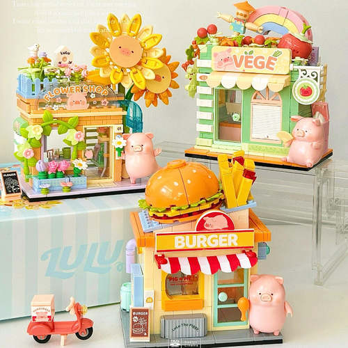 Senbao Building Blocks LULU Pig 608071-77: Bookstore, Burger Shop, Flower Store, and Fruit & Vegetable Shop – Street Scene Girl Series Toy