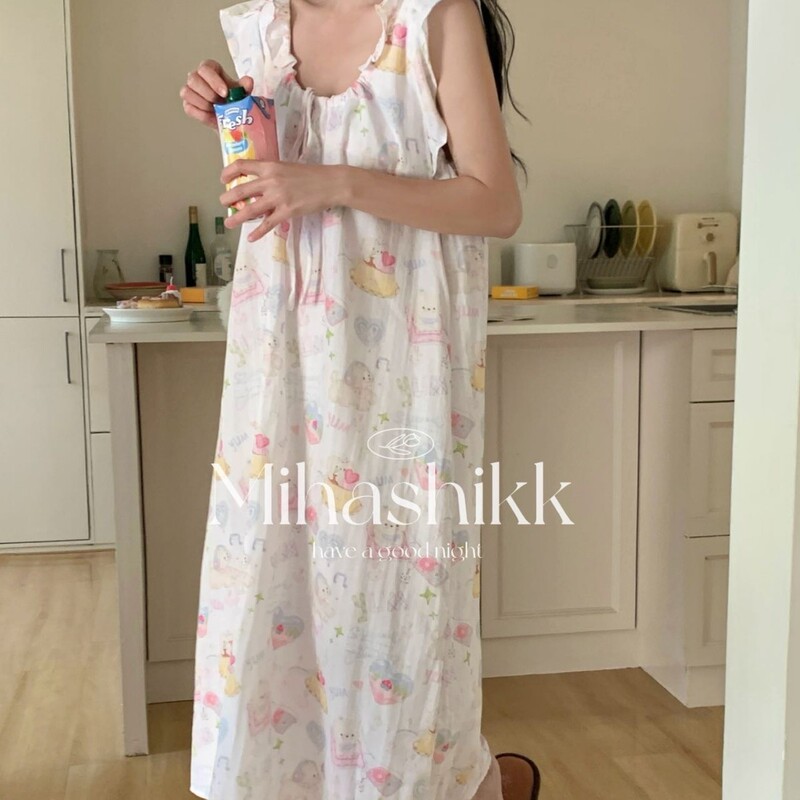 Mihashikk Cotton Double-Layer Yarn Cake Music Dog Ruffled Nightdress Women's Gentle and Comfortable Home dress
