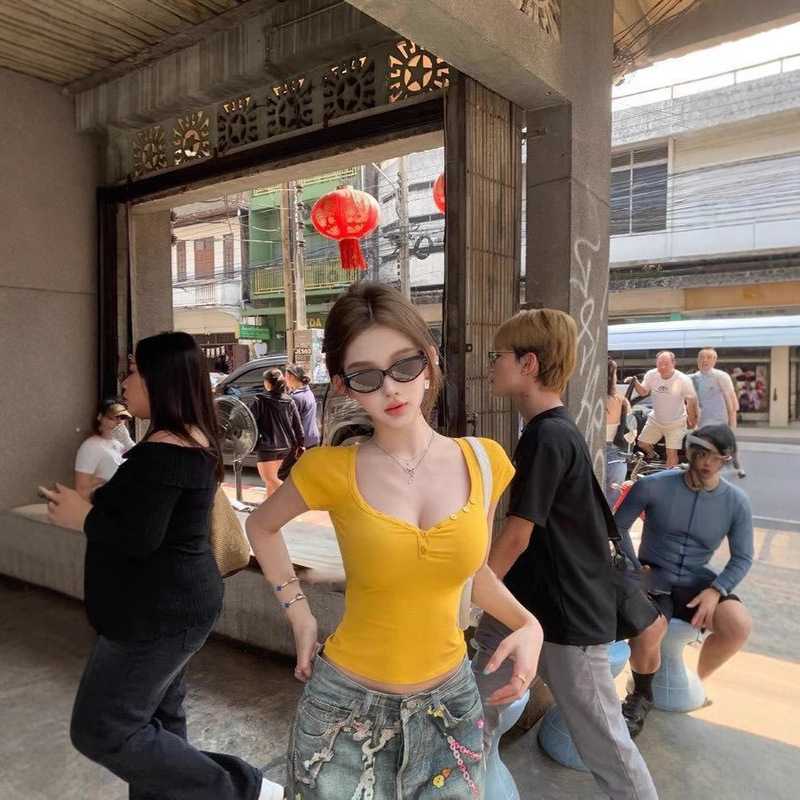 5107 # Summer New Style Pure Lust Sexy Button Half Open Collar Short Sleeves Slimming Design Versatile All-In-One with Breast Pads